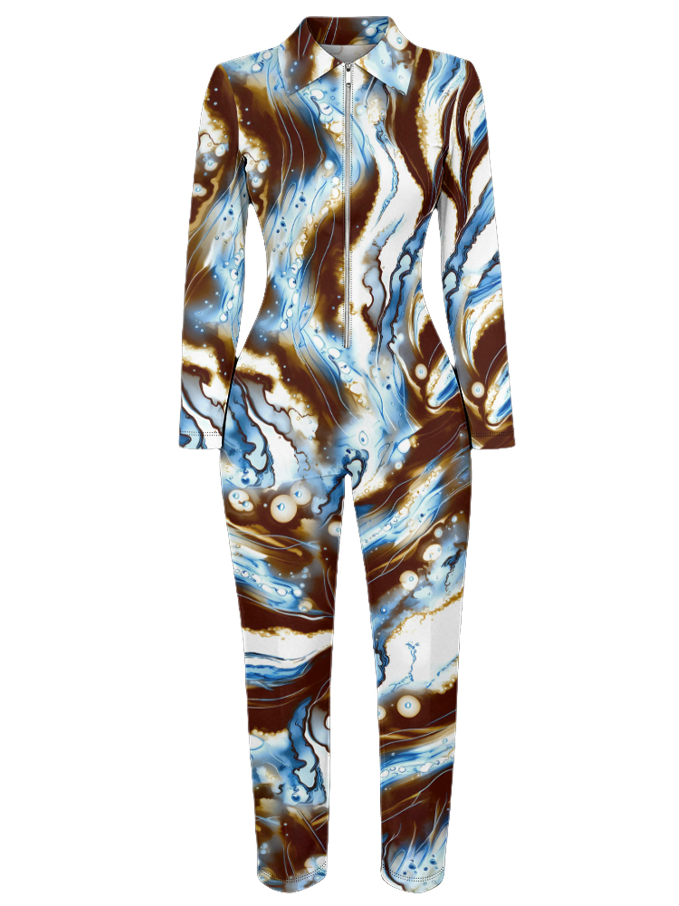 Marble Swirl Long Sleeve Zip-Up Jumpsuit