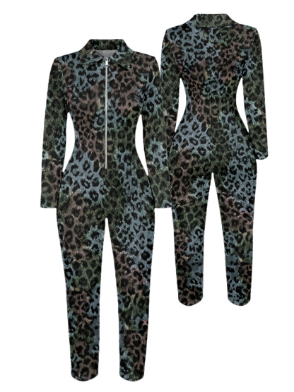 Teal Leopard Long Sleeve Zip-Up Jumpsuit