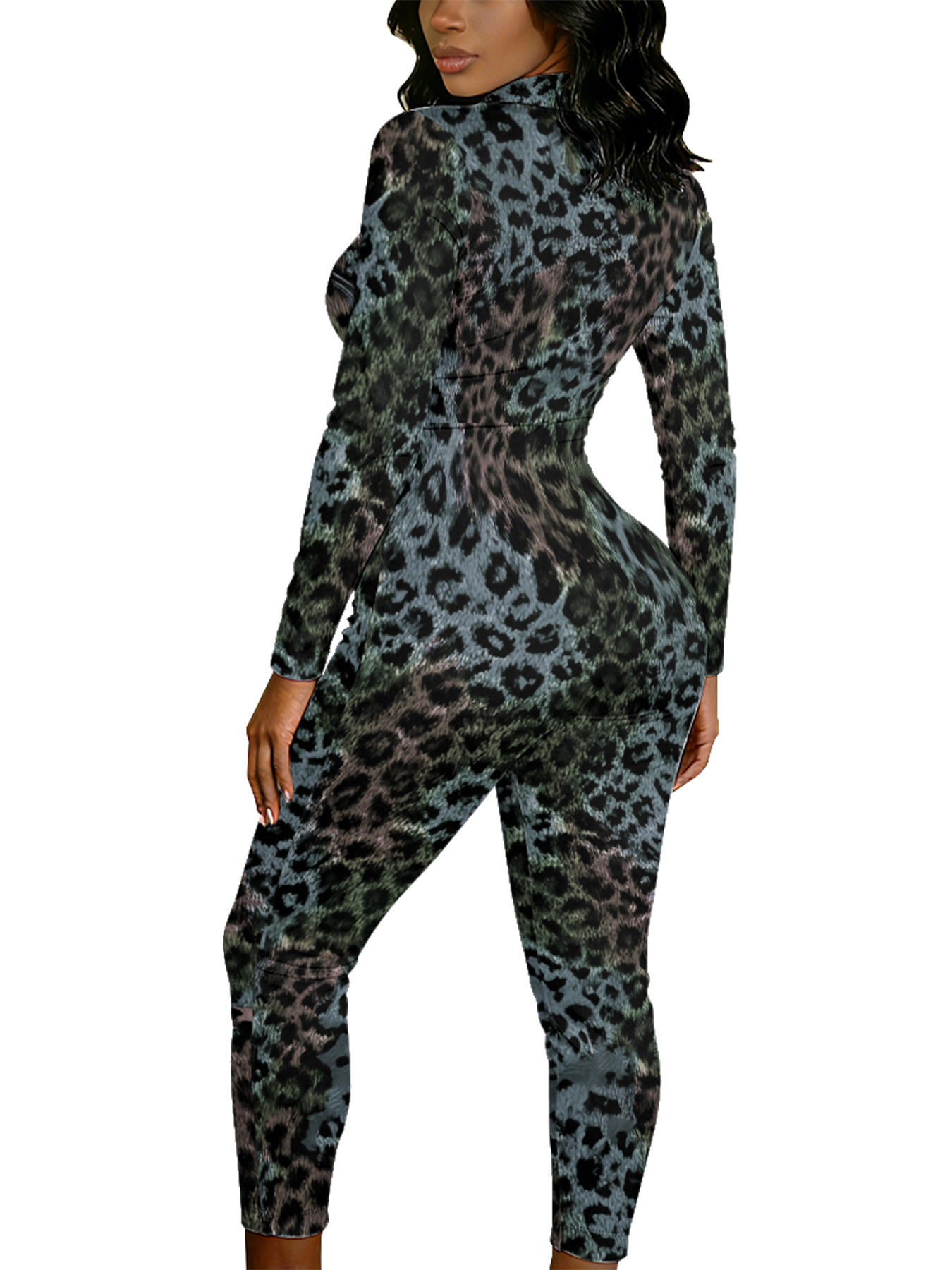 Teal Leopard Long Sleeve Zip-Up Jumpsuit