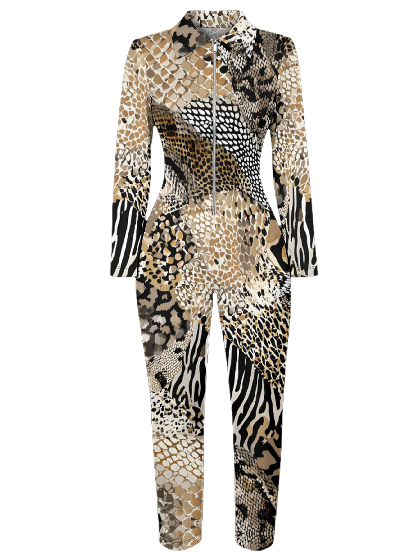 Safari Animal Long Sleeve Zip-Up Jumpsuit