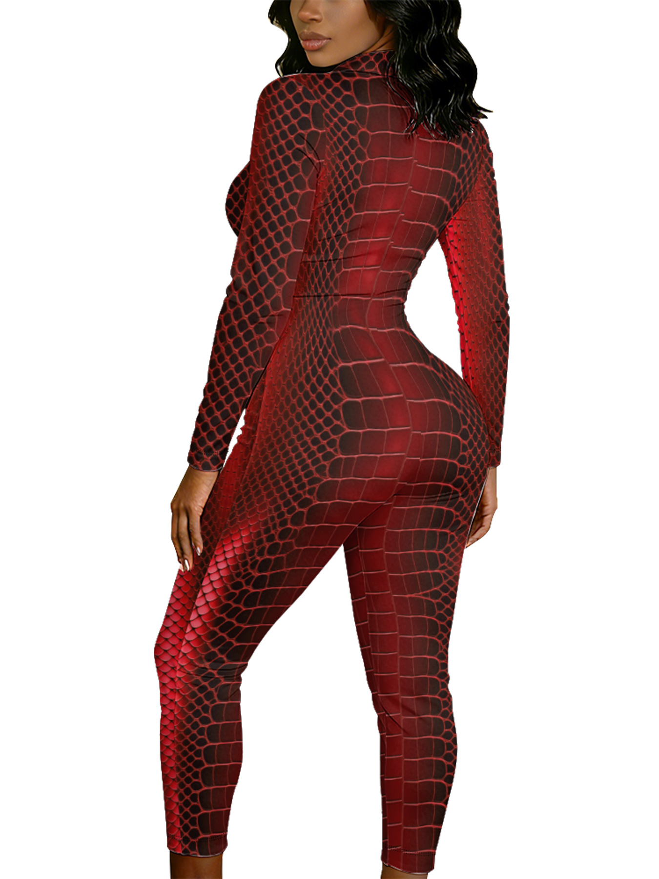 Red Snake Skin Long Sleeve Zip-Up Jumpsuit