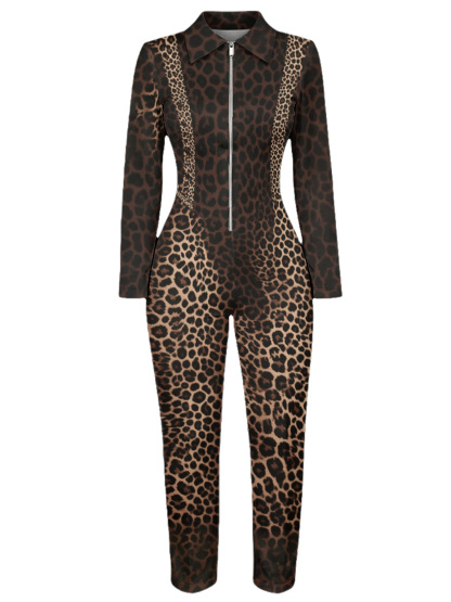 Classic Brown Leopard Long Sleeve Zip-Up Jumpsuit