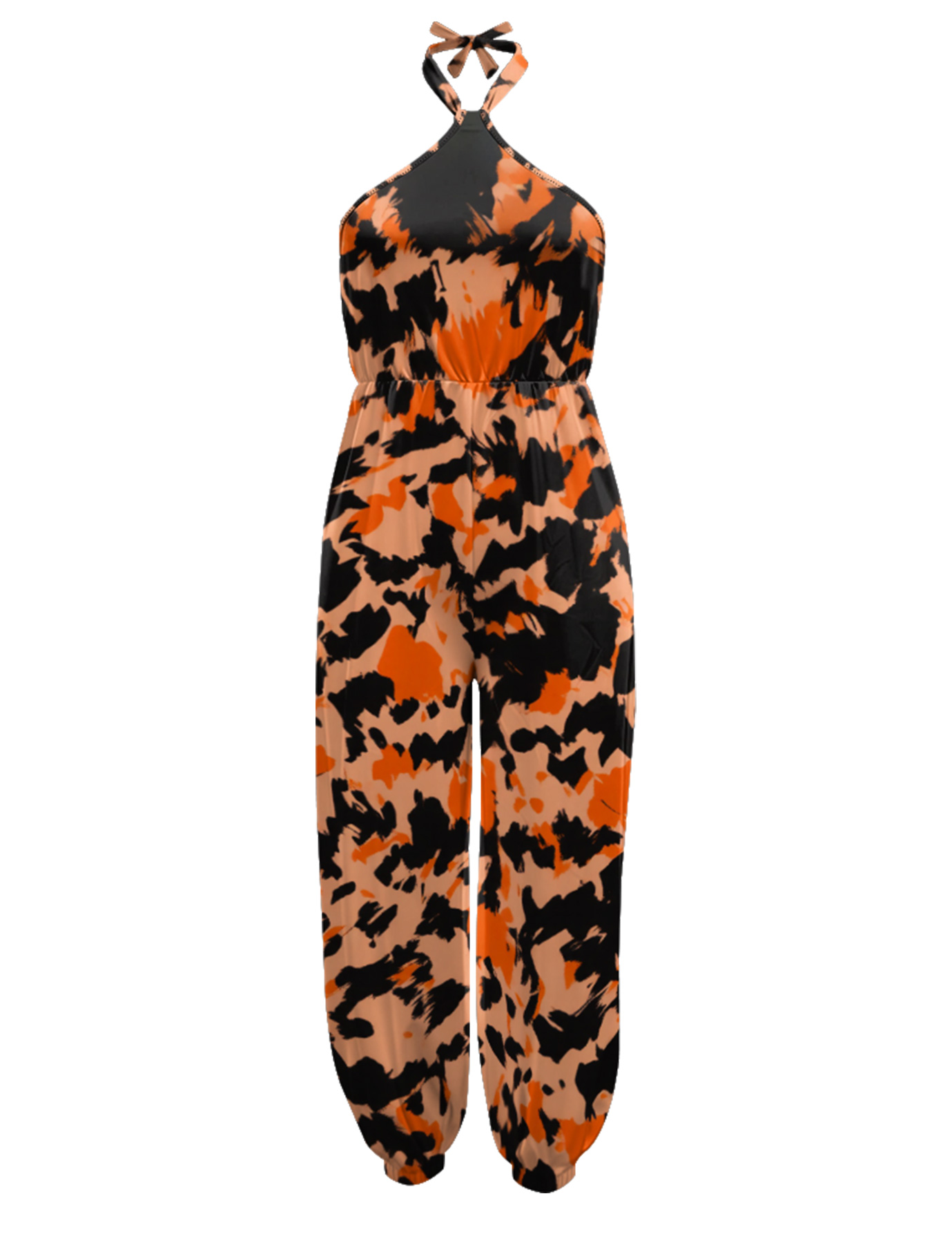 Orange & Black Abstract Camo Sleeveless Halter Jumpsuit