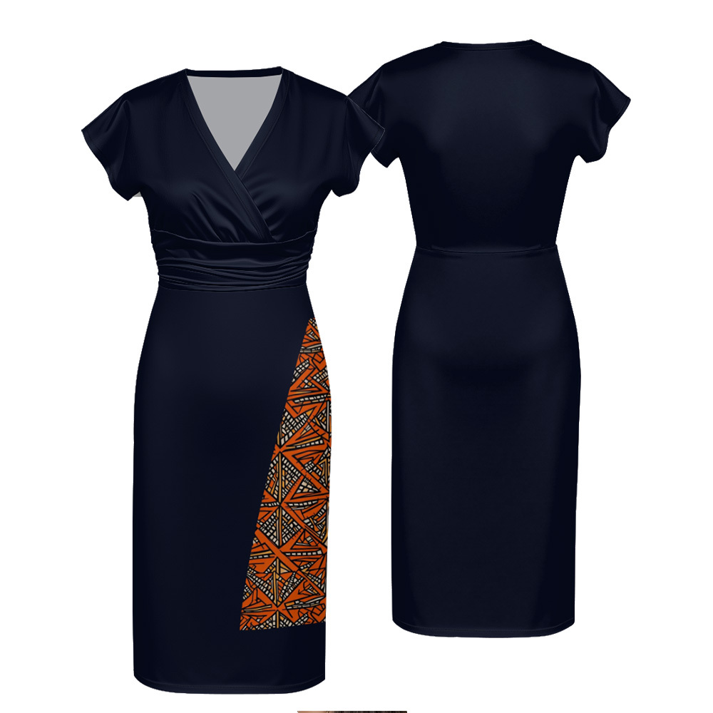 Navy Orange Tribal Cap Sleeve V-Neck Midi Dress