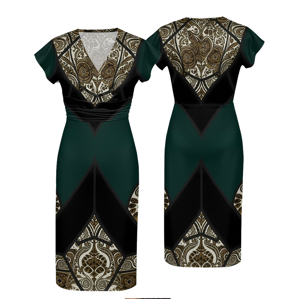 Emerald Green Gold Paisley Cap Sleeve V-Neck Midi Dress