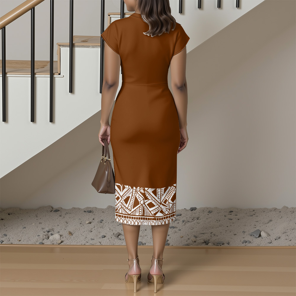 Terracotta White Tribal Cap Sleeve V-Neck Midi Dress