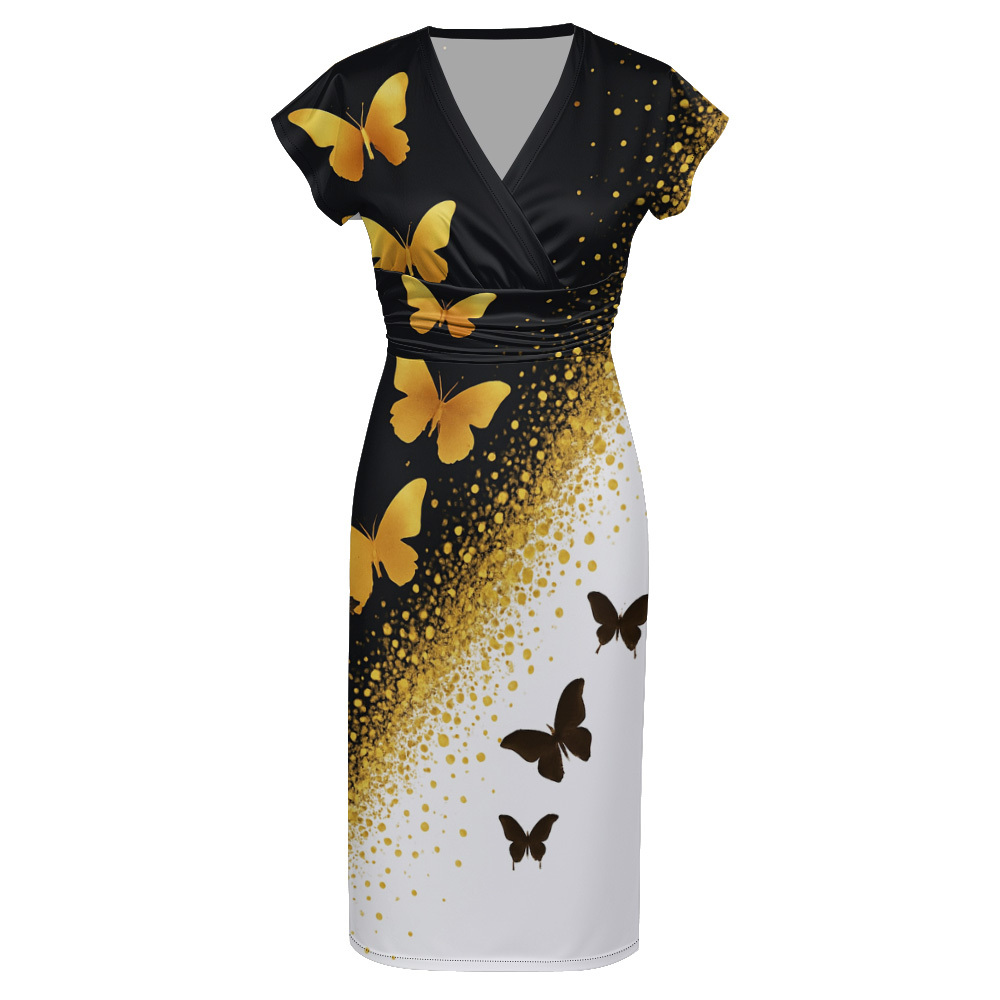 Black White Gold Butterfly Cap Sleeve V-Neck Midi Dress AEG642