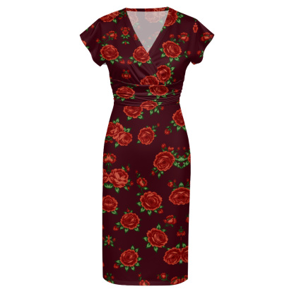 Burgundy Red Rose Cap Sleeve V-Neck Midi Dress AFH531