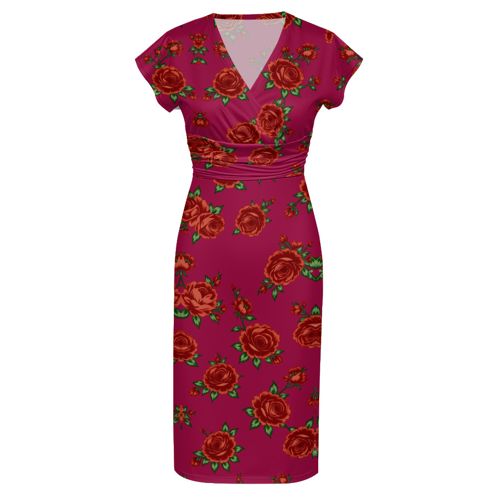 Fuchsia Red Rose Cap Sleeve V-Neck Midi Dress AGI420