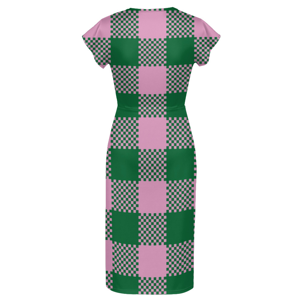 Pink Green Checkerboard Cap Sleeve V-Neck Midi Dress BCF963
