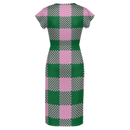 Pink Green Checkerboard Cap Sleeve V-Neck Midi Dress BCF963