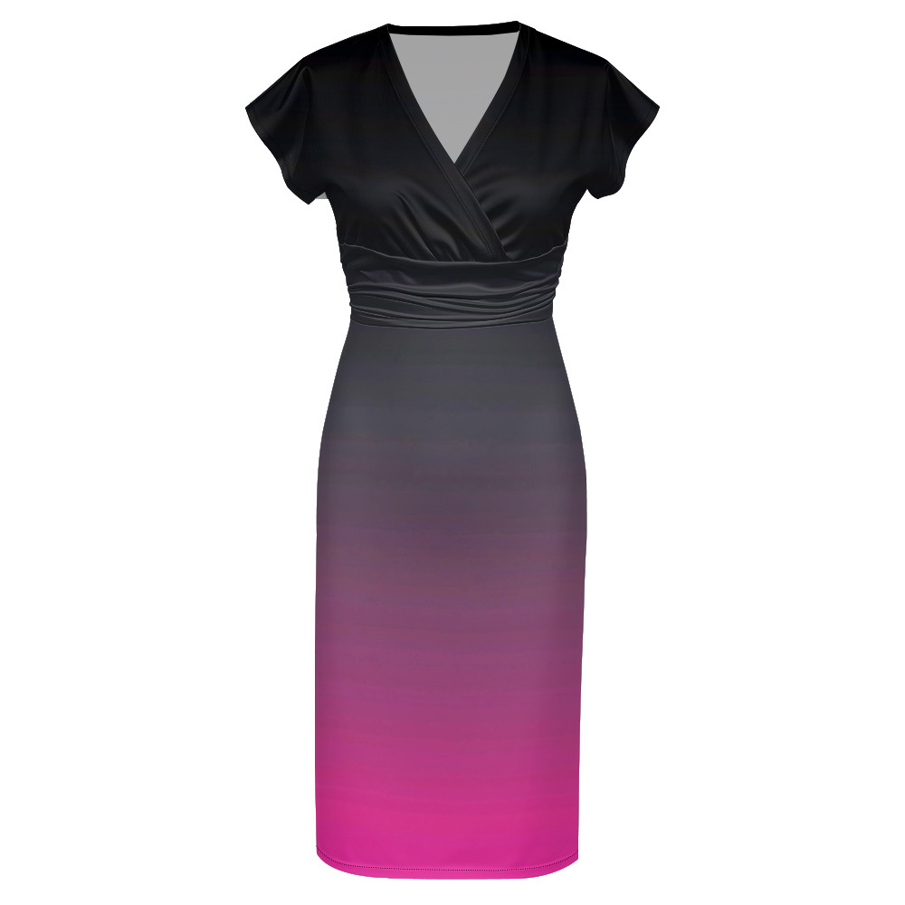Black to Pink Ombre Cap Sleeve V-Neck Midi Dress BEH741
