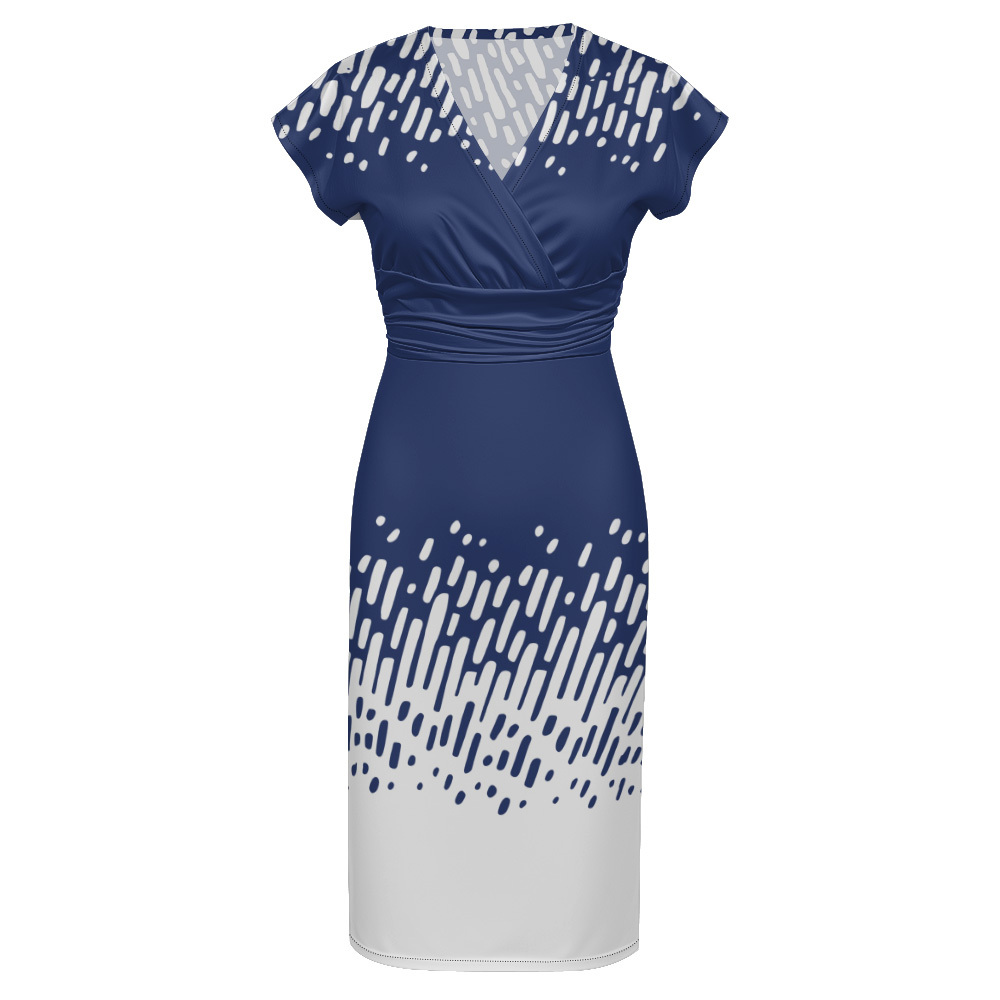 Navy White Brushstroke Cap Sleeve V-Neck Midi Dress CDE951
