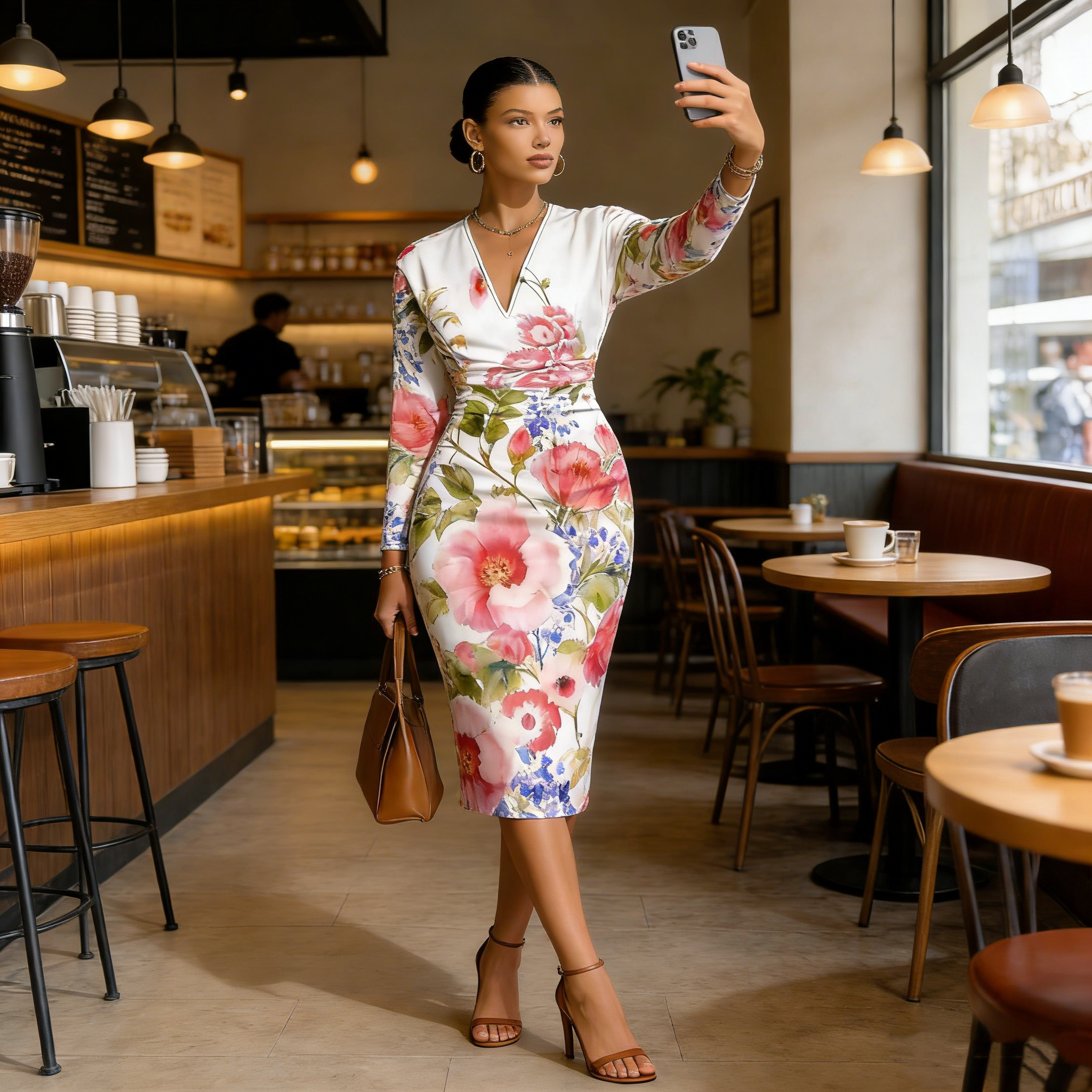Bold Floral V-Neck Bodycon Midi Dress