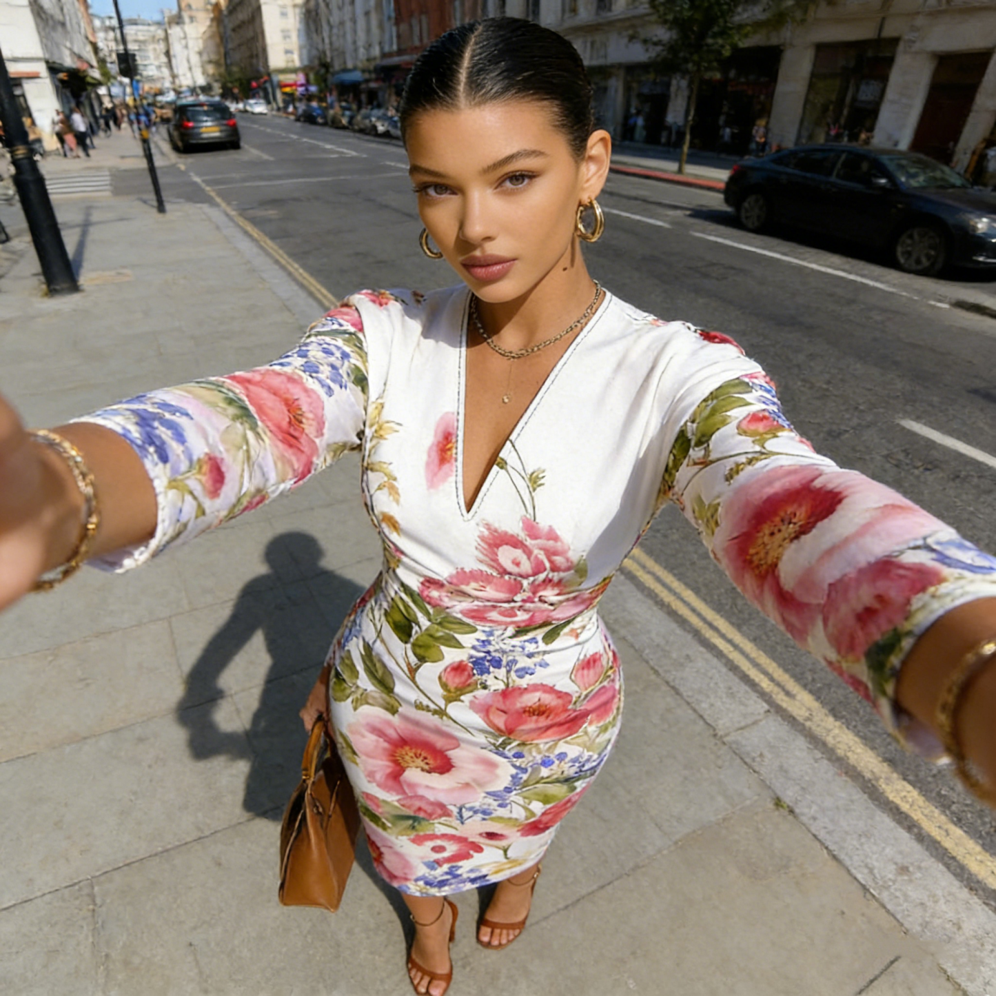 Bold Floral V-Neck Bodycon Midi Dress