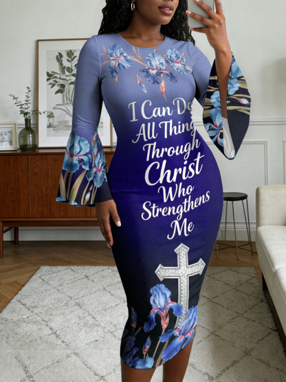 Blue Iris Floral Cross Scripture Easter Flare Sleeve Bodycon Midi Dress JIHB2863
