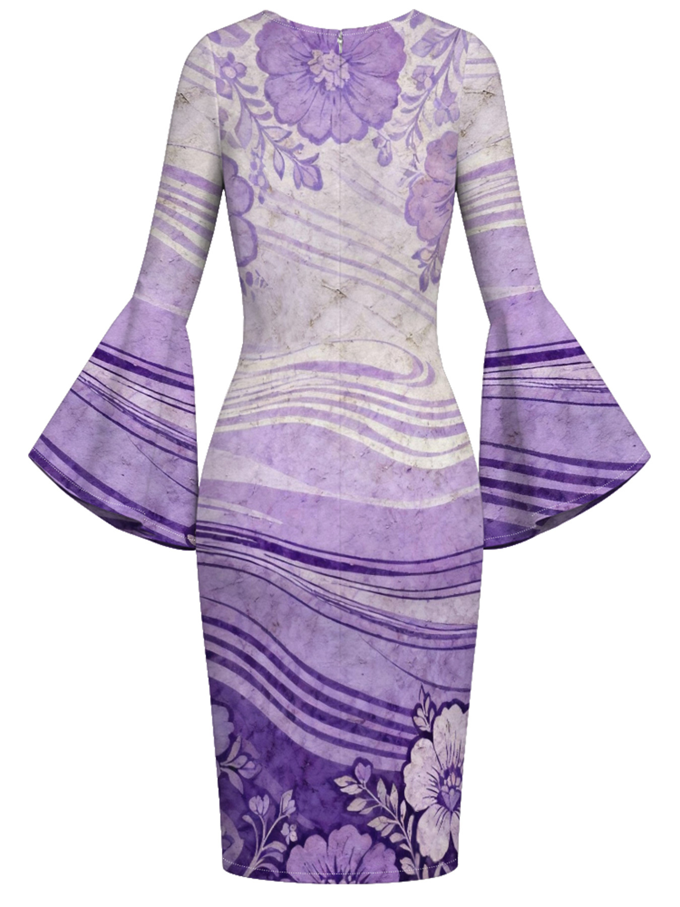 Lavender Watercolor Floral Flare Sleeve Bodycon Midi Dress JIH741