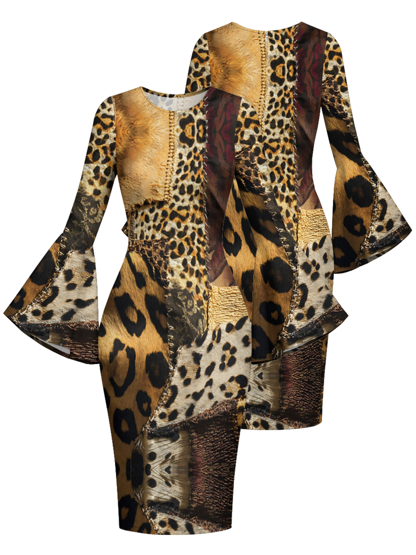 Patchwork Leopard Print Bell Flare Sleeve Bodycon Midi Dress