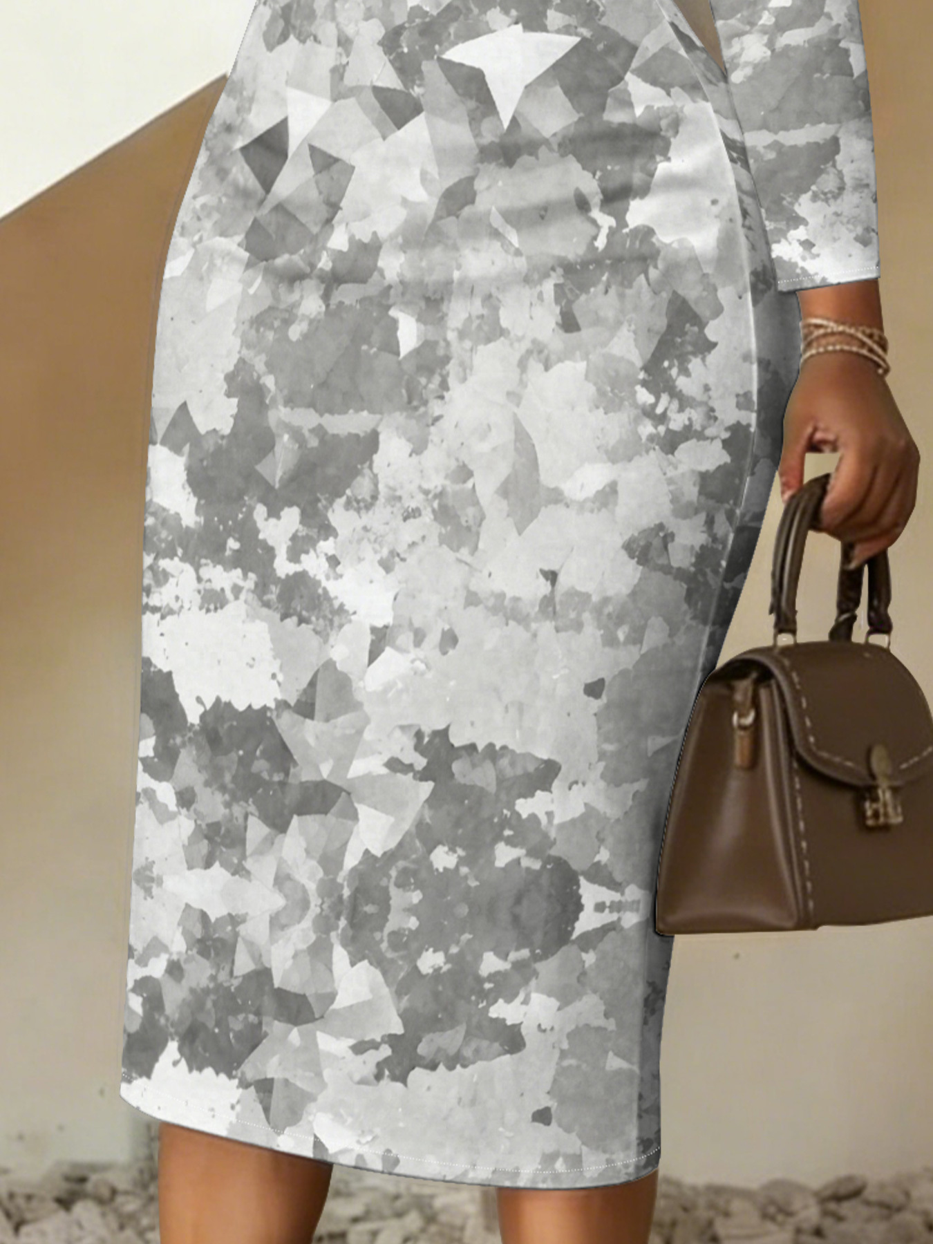 Grey Geometric Camo V-Neck Bodycon Midi Dress FGY2647