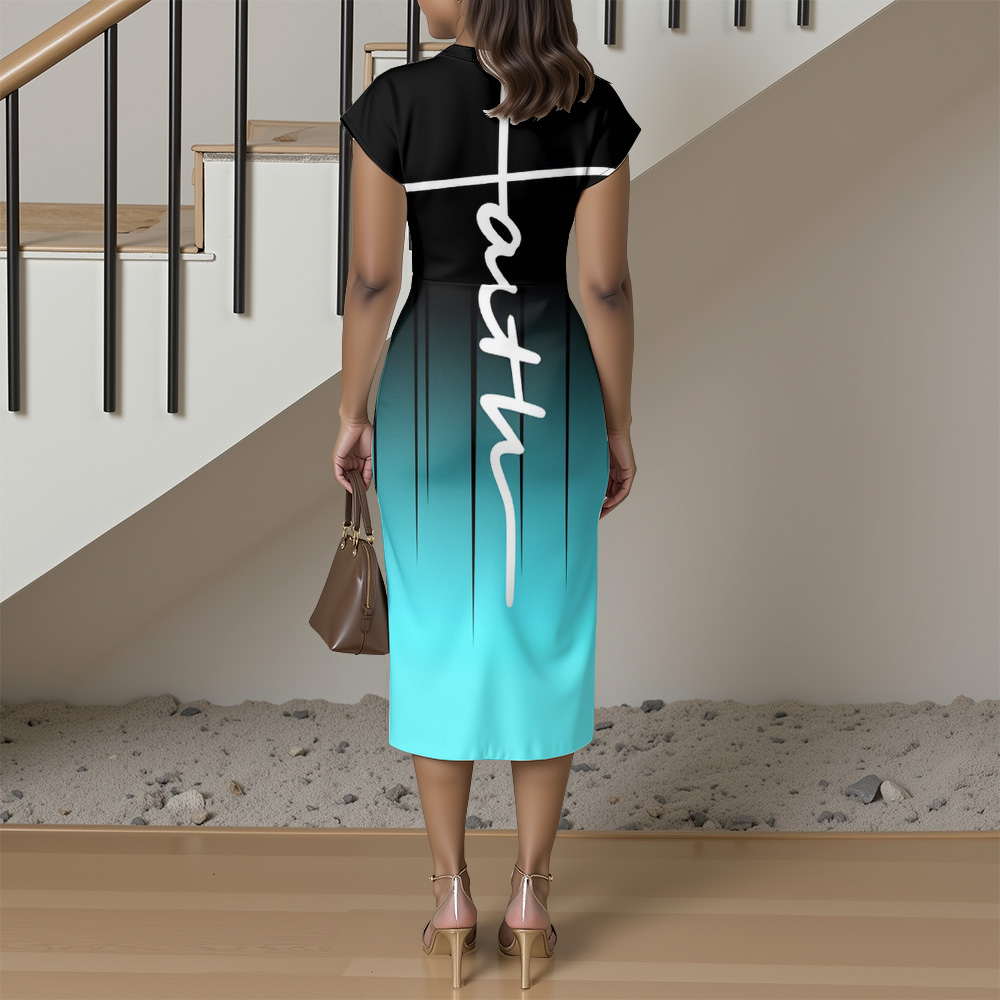 Black Turquoise Gradient Cap Sleeve V-Neck Midi Dress ACF864