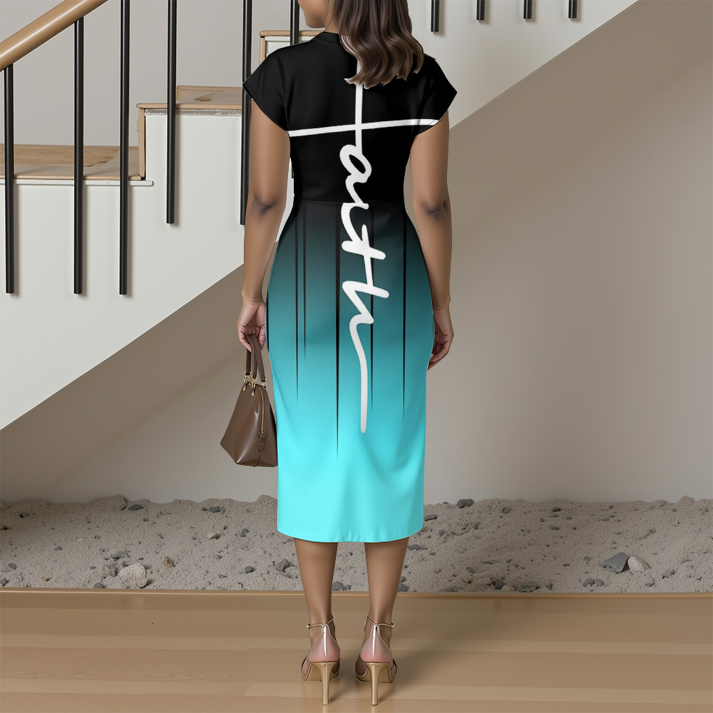 Black Turquoise Gradient Cap Sleeve V-Neck Midi Dress ACF864