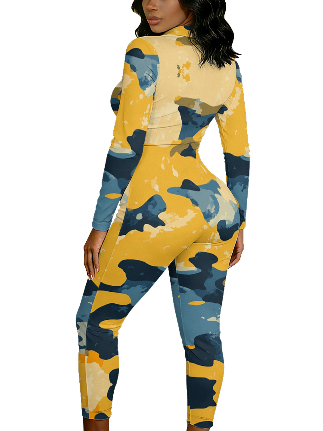 Yellow & Blue Camo Long Sleeve Zip-Up Jumpsuit