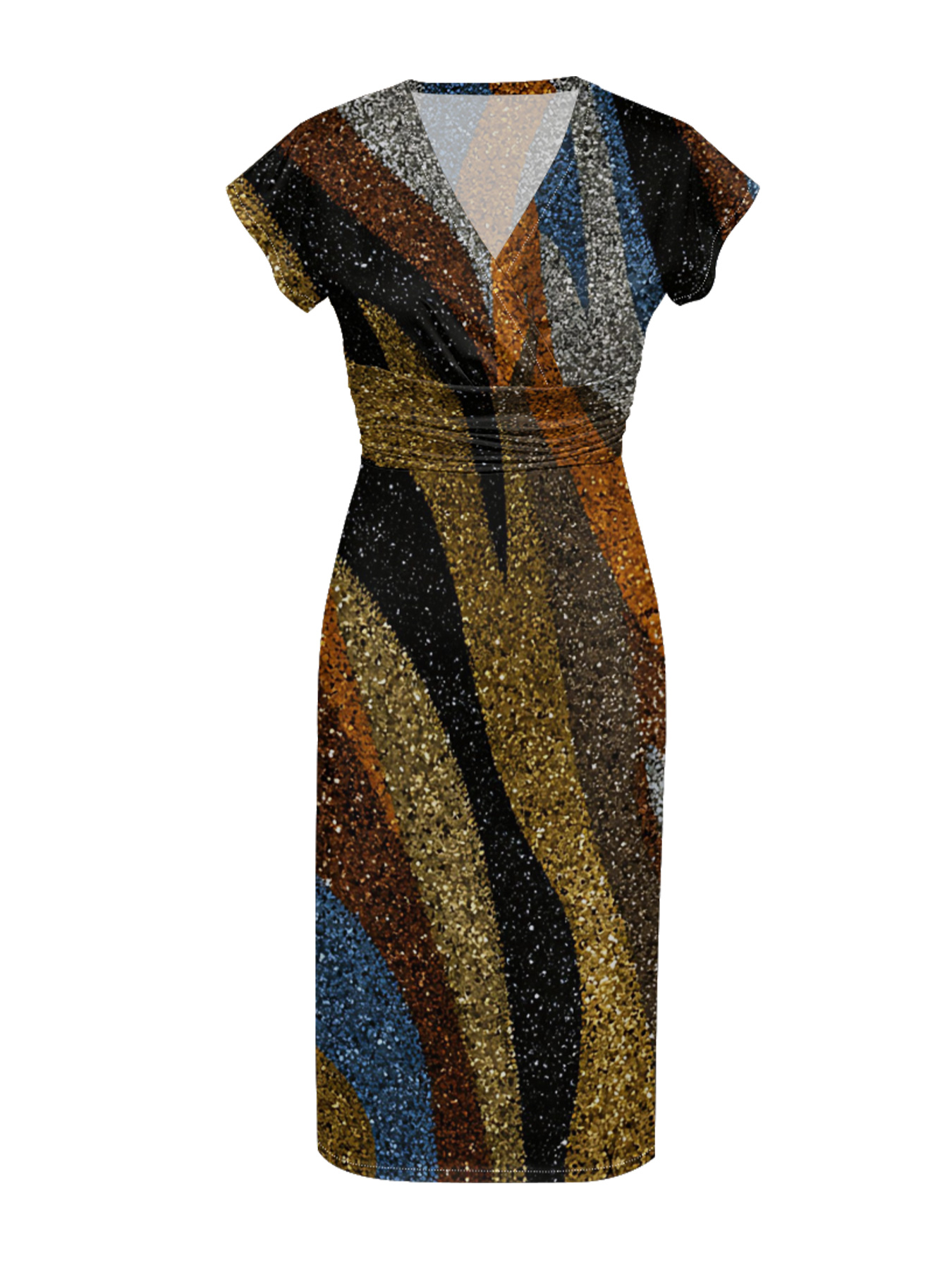 Multicolor Glitter Stripe Cap Sleeve V-Neck Midi Dress IJG7685