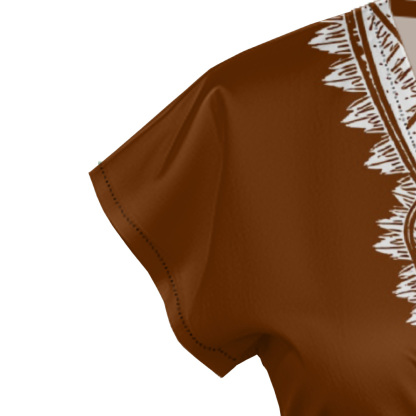 Terracotta White Tribal Cap Sleeve V-Neck Midi Dress