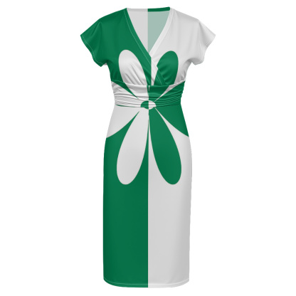 Green White Floral Cap Sleeve V-Neck Midi Dress ADG753