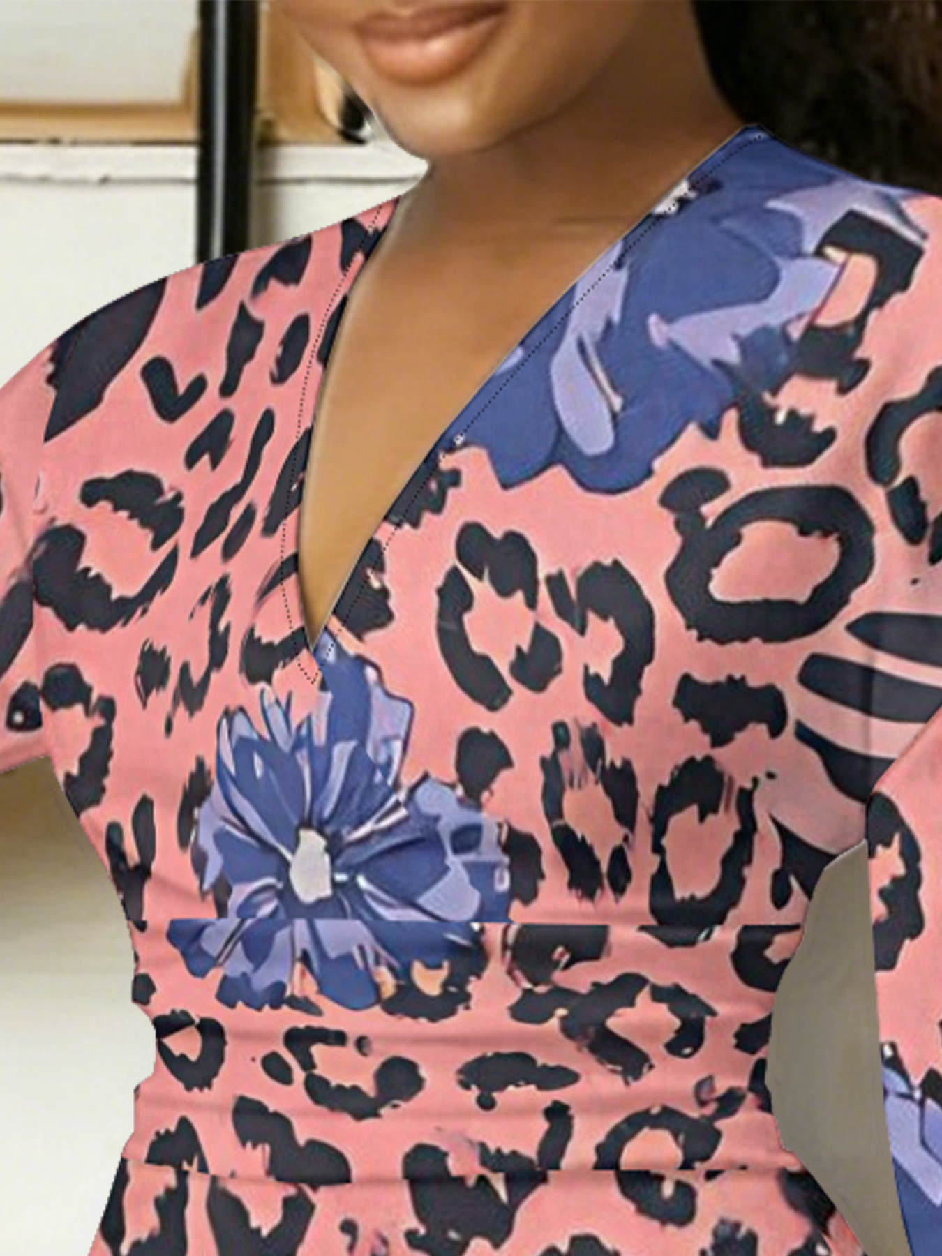 Pink Leopard Purple Floral V-Neck Bodycon Midi Dress DEH921