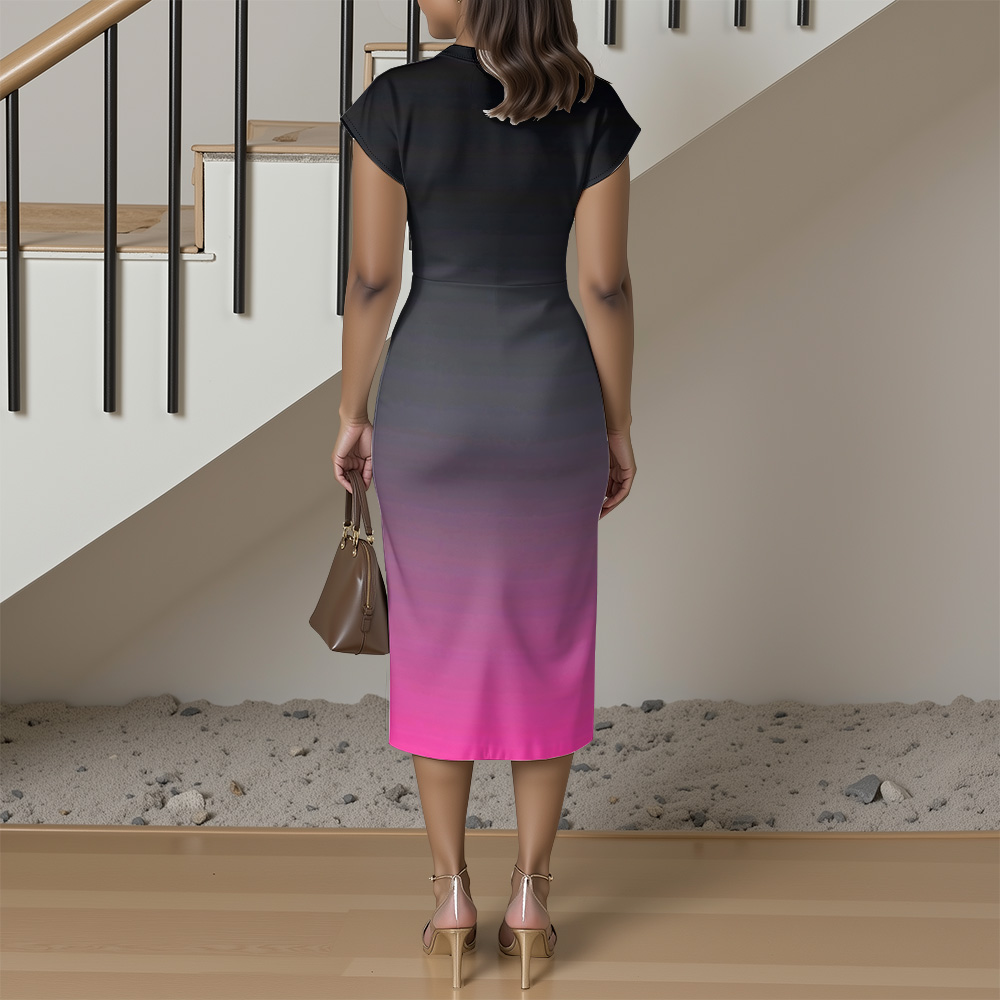 Black to Pink Ombre Cap Sleeve V-Neck Midi Dress BEH741