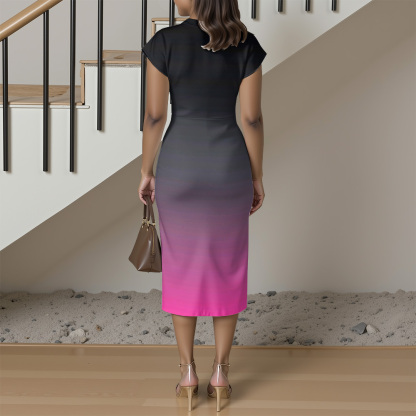 Black to Pink Ombre Cap Sleeve V-Neck Midi Dress BEH741