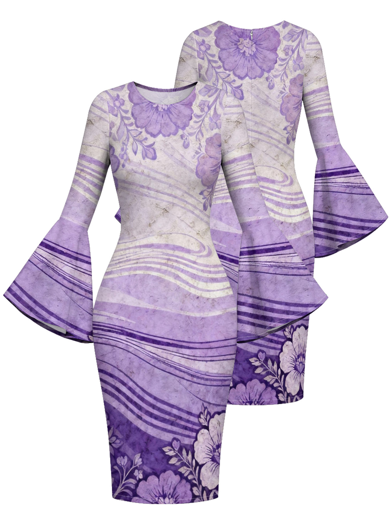 Lavender Watercolor Floral Flare Sleeve Bodycon Midi Dress JIH741