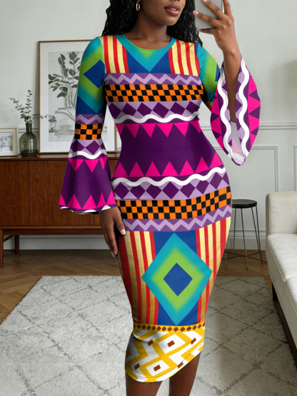 Vibrant African Geometric Easter Flare Sleeve Bodycon Midi Dress