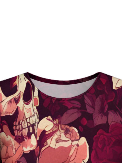 Burgundy Skull & Rose Flare Sleeve Bodycon Midi Dress