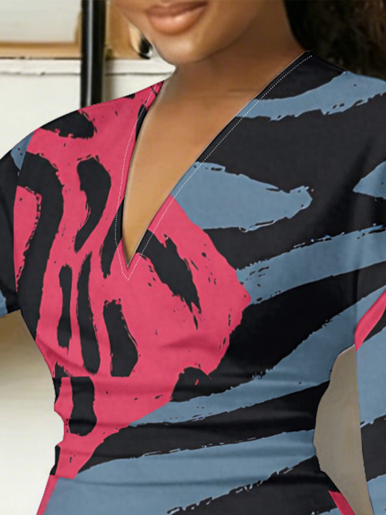 Blue Pink Abstract Brushstroke V-Neck Bodycon Midi Dress 
