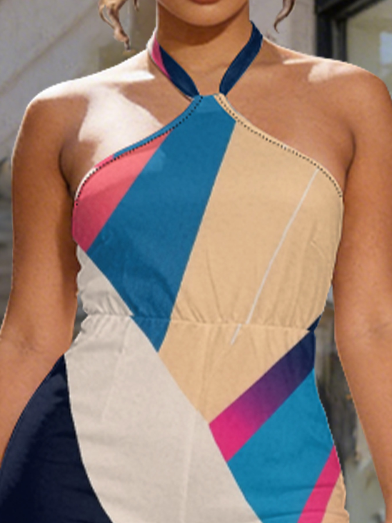 Color Block Geometric Sleeveless Halter Jumpsuit