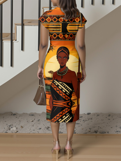 African Queen Portrait Cap Sleeve V-Neck Midi Dress IYT99035