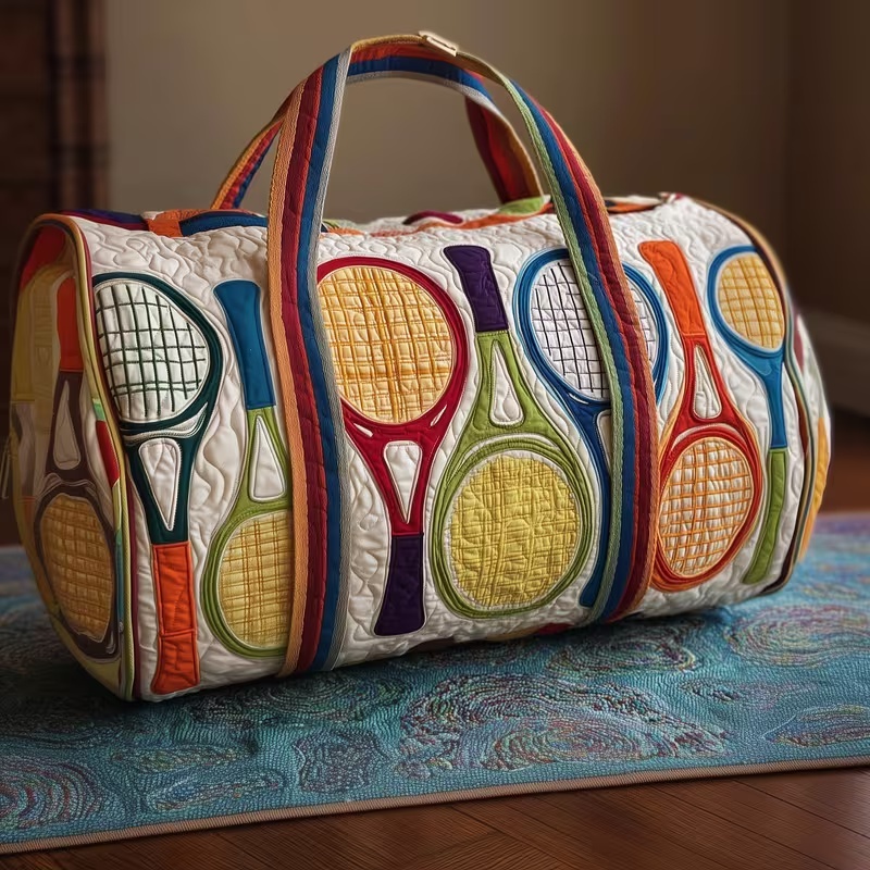 Retro Rainbow Tennis Themed Quilted Duffle Bag