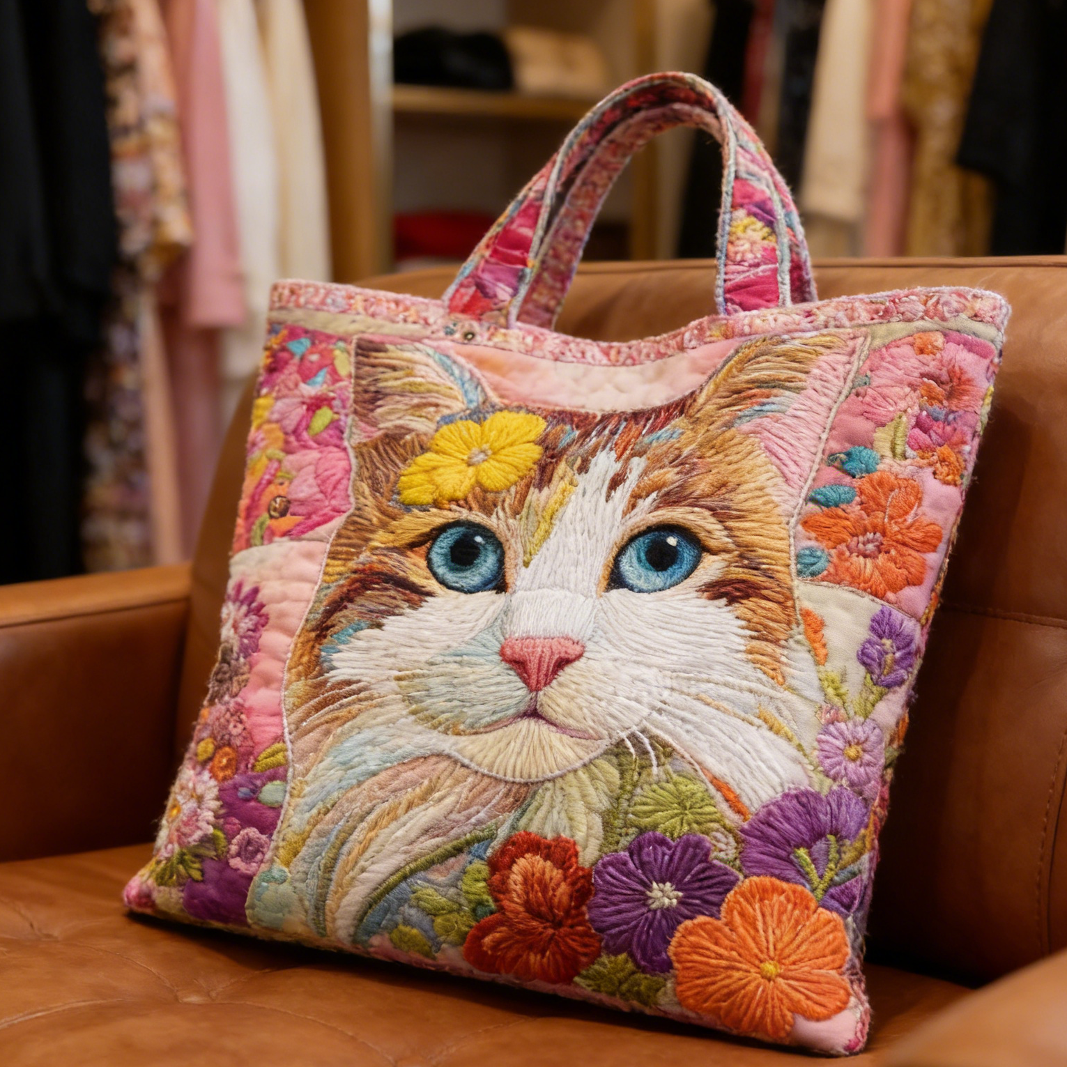 Inspired Floral Cat Quilted Tote Bag JLZW1649