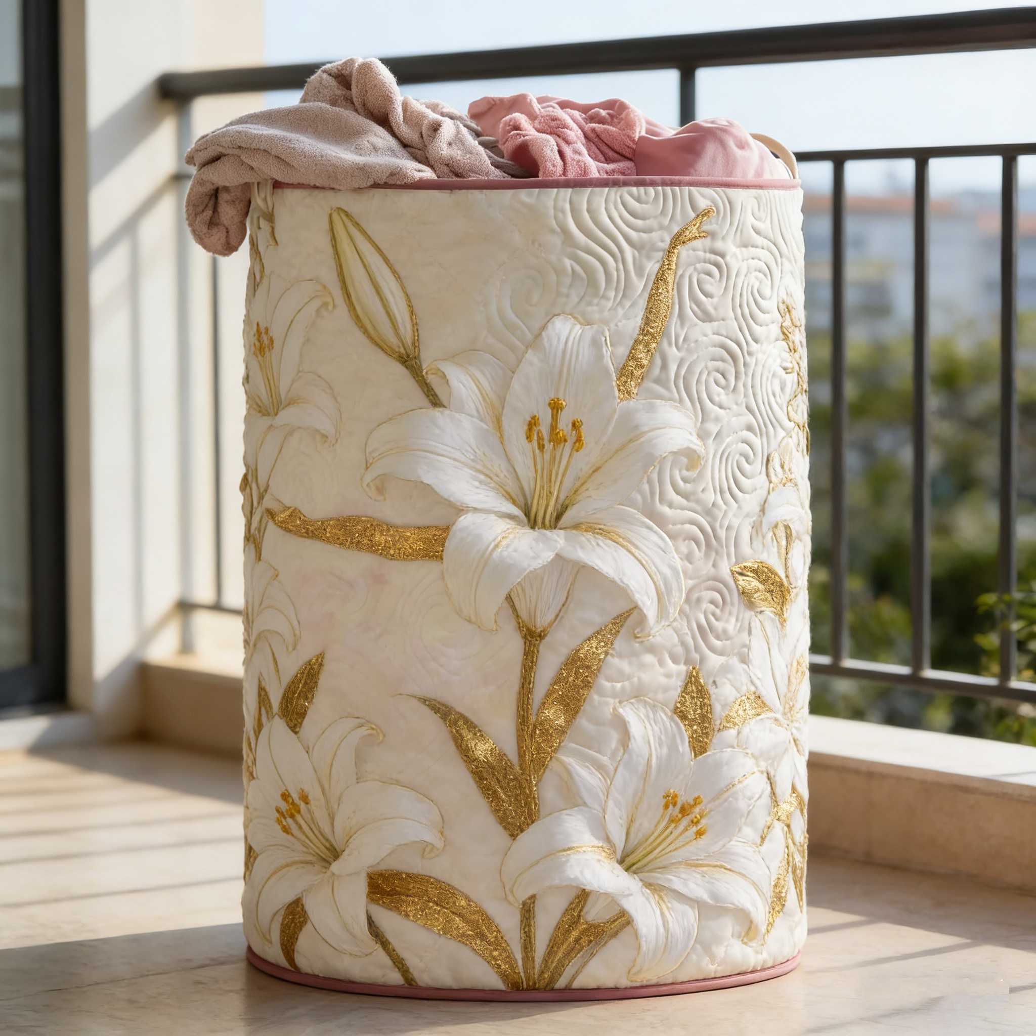Gold & White Lily Quilted Laundry Basket LKJHGF26