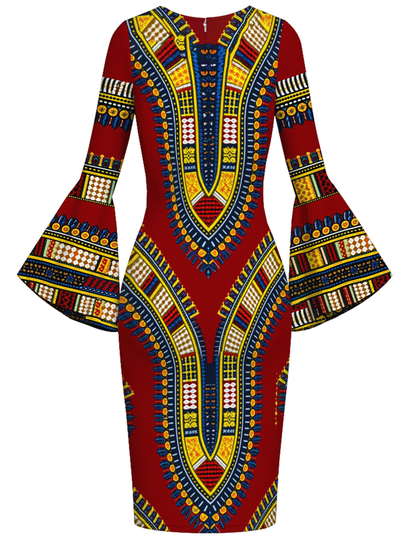 Red Dashiki Flare Sleeve Bodycon Midi Dress