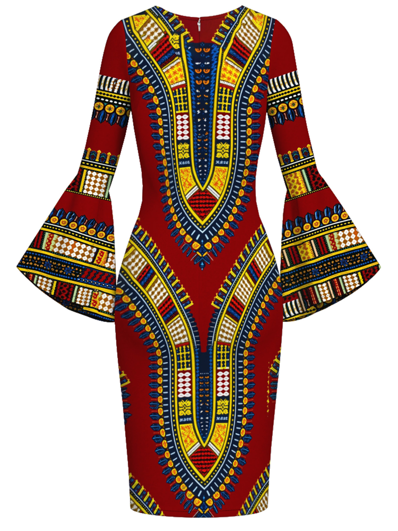 Red Dashiki Flare Sleeve Bodycon Midi Dress