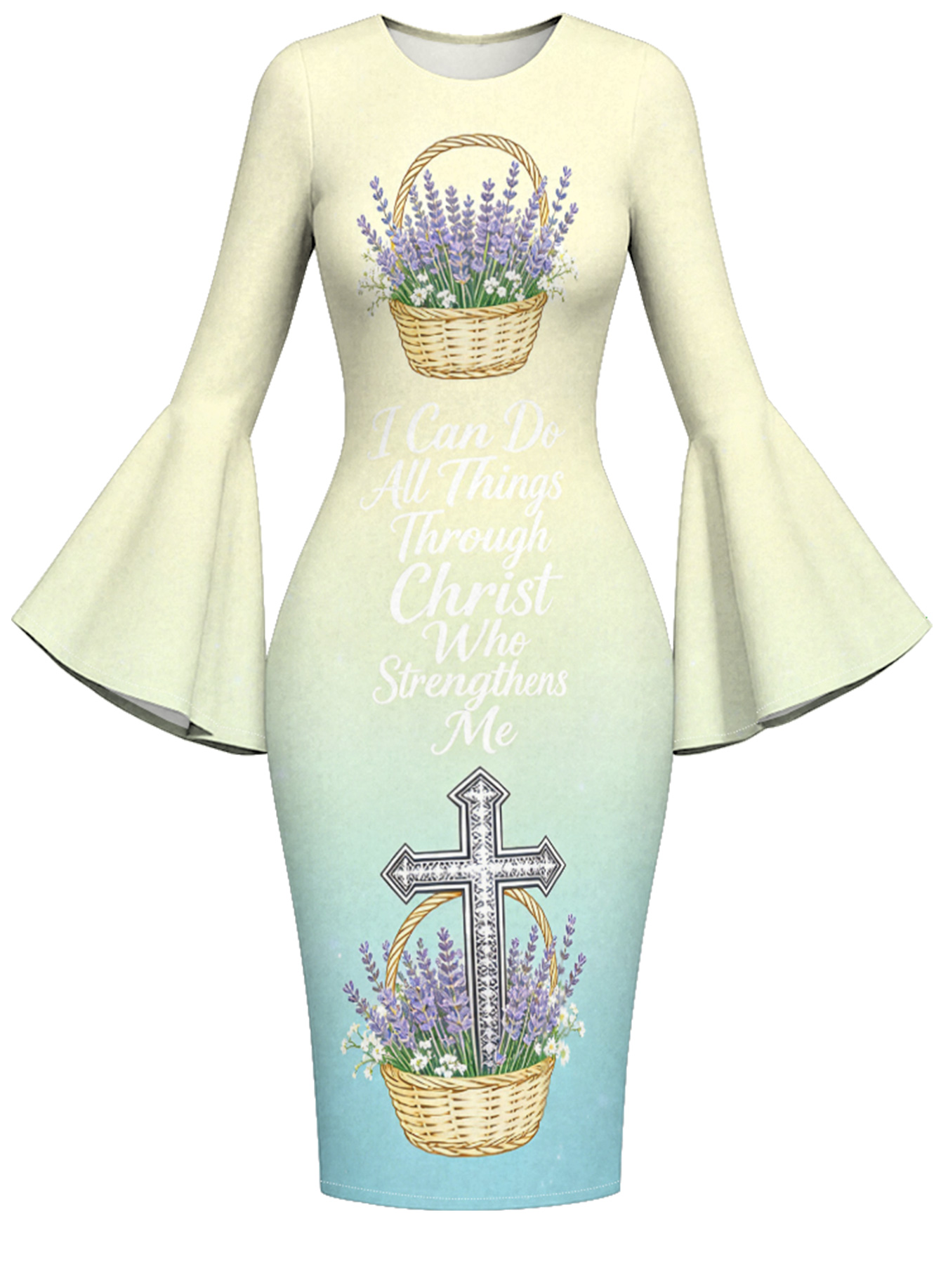 Mint Ombre Lavender Cross Easter Flare Sleeve Bodycon Midi Dress