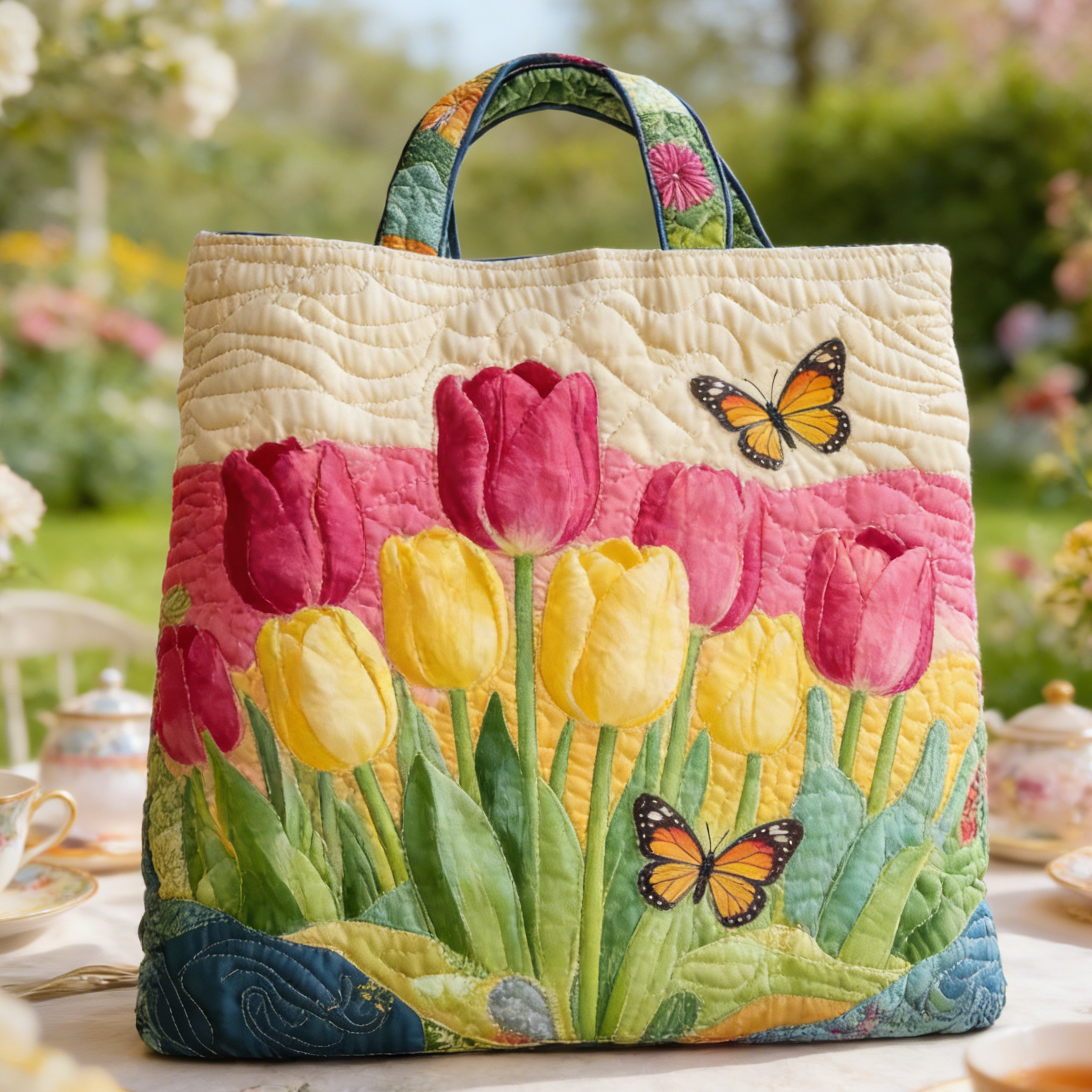 Tea Garden-Inspired Tulip Quilted Tote Bag LNUP3815