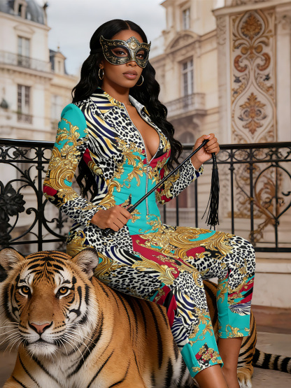 Baroque Safari Queen Long Sleeve Zip-Up Jumpsuit RST403