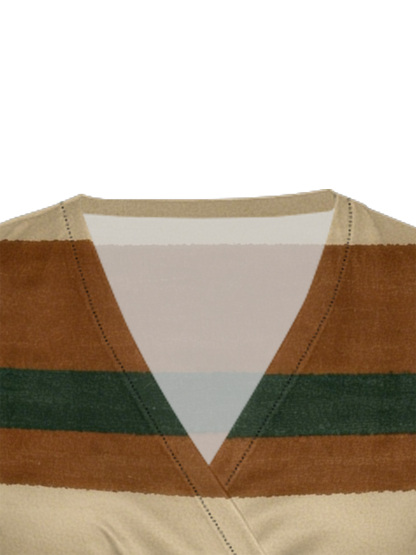 Earth Tone Stripe Cap Sleeve V-Neck Midi Dress IJG7685