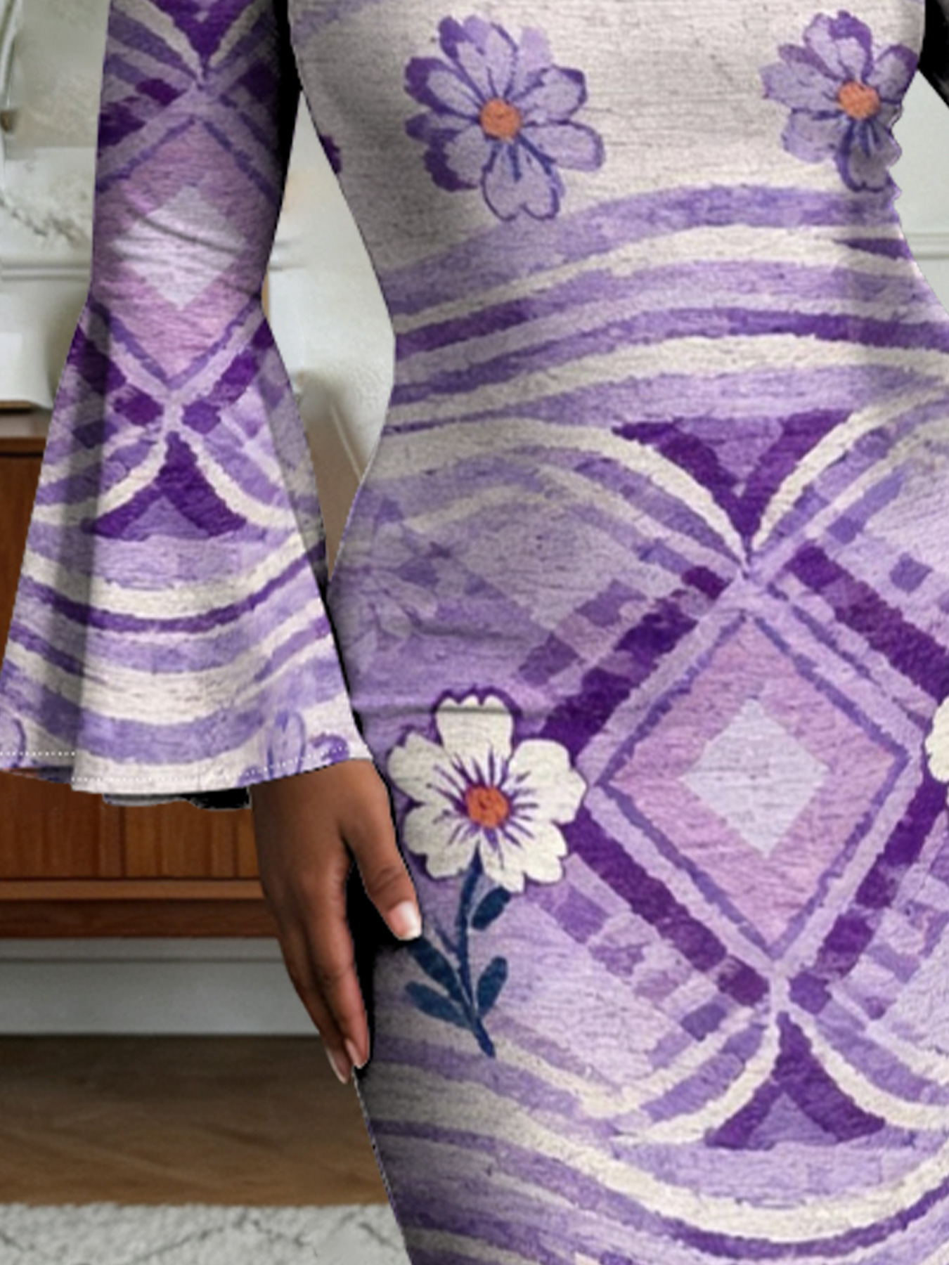 Purple Geometric Floral Flare Sleeve Bodycon Midi Dress DCB840
