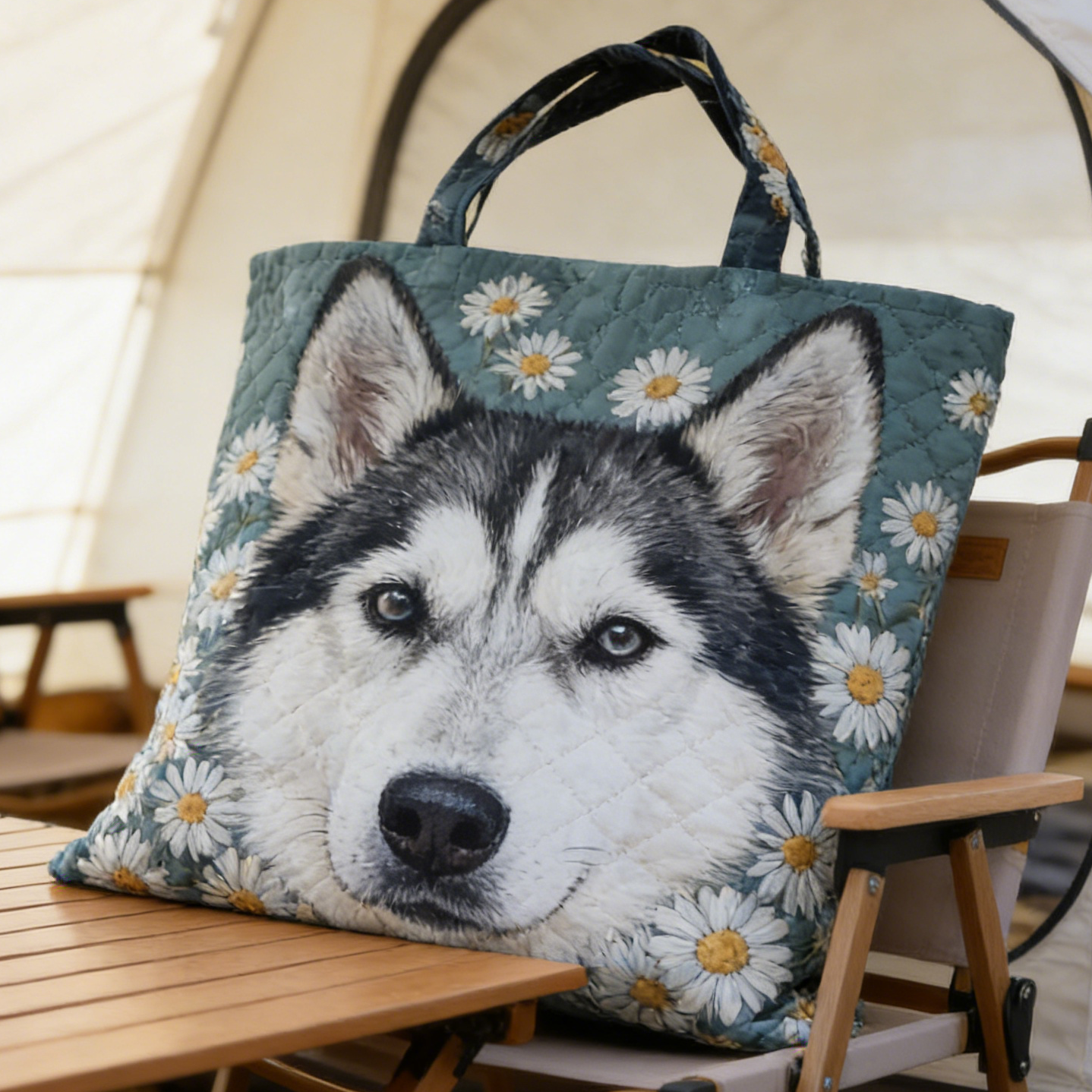 Camping Husky Quilted Tote Bag XBYG5379