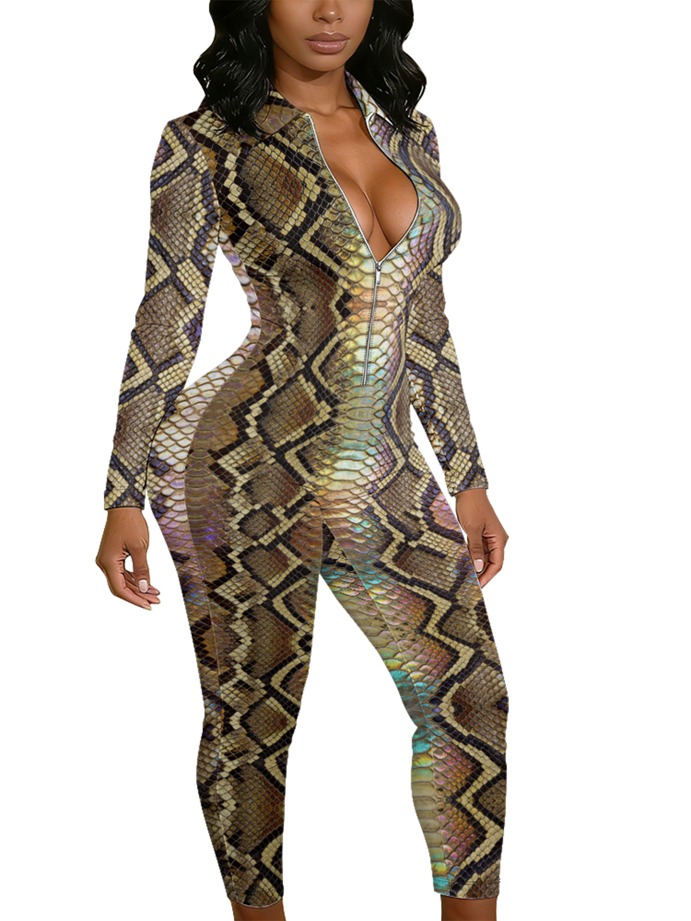 Holographic Python Long Sleeve Zip-Up Jumpsuit ABF932